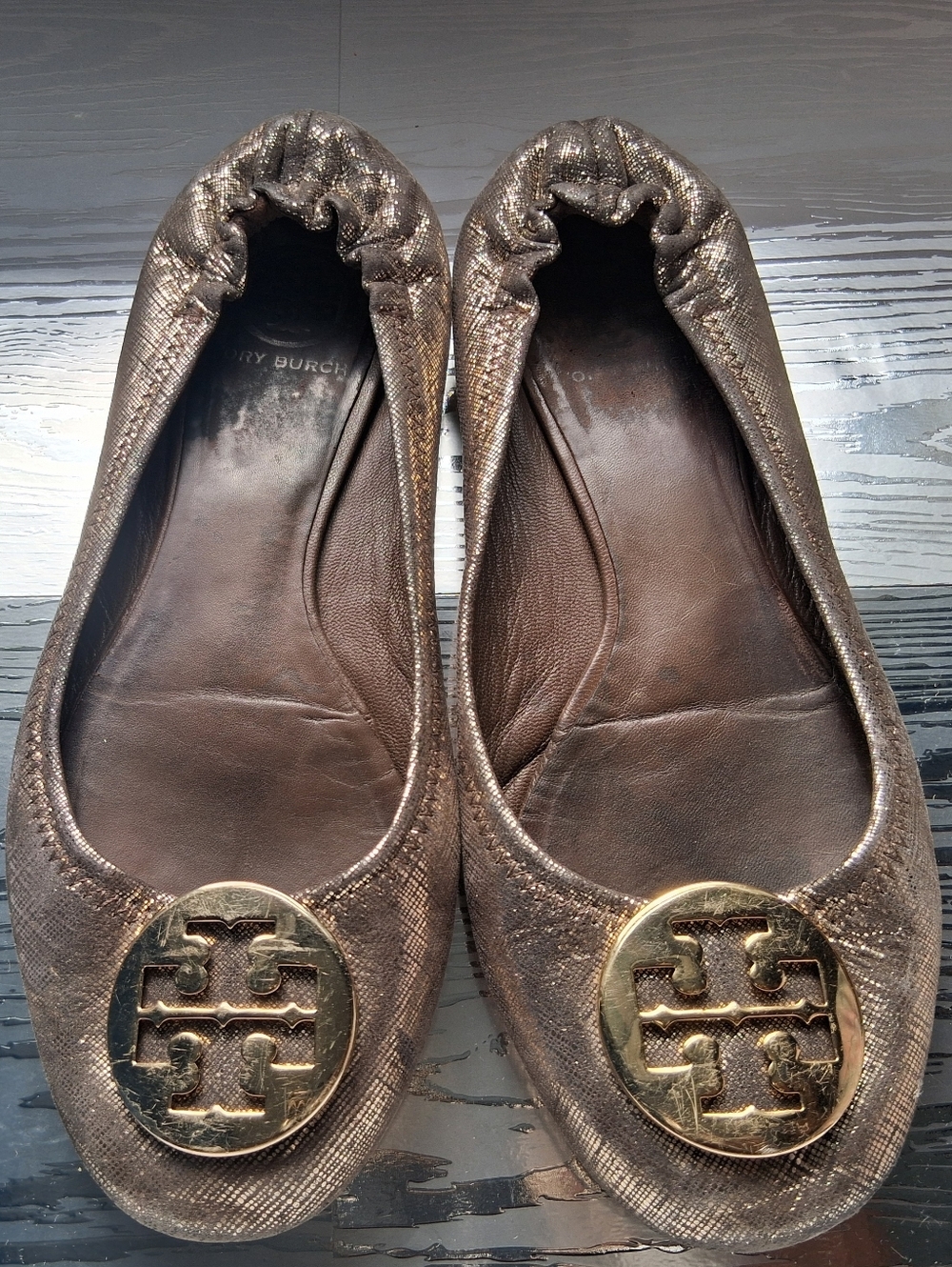 Tory Burch Metallic Bronze Logo Ballet Flats
